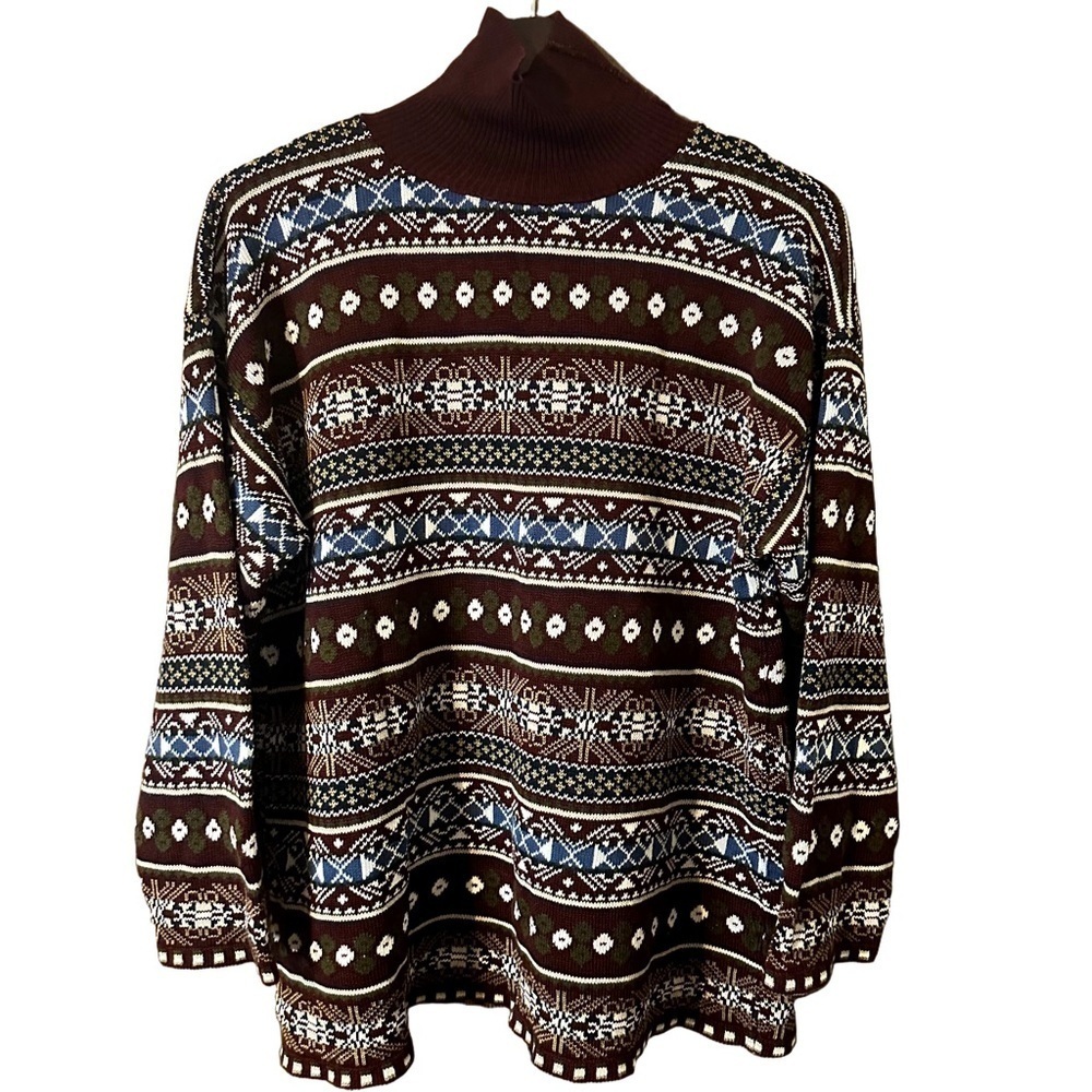Vintage Next Issue Women’s Maroon White Black Cowl Neck Sweater XL Cottagecore